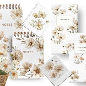 May include: A set of four white and brown floral patterned notebooks and chocolate bar wrappers. The notebooks have a spiral binding and the text "NOTES" printed on the front. The chocolate bar wrappers have the text "CHOCOLATE" printed on the front.