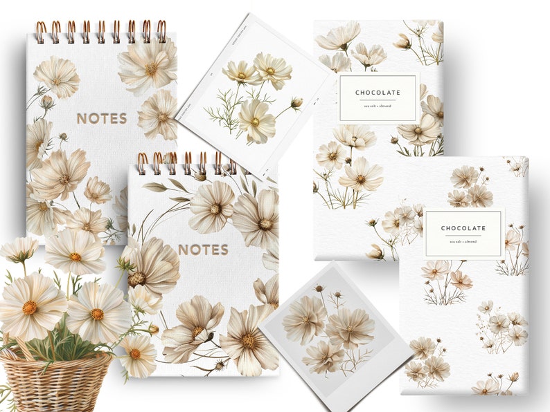 May include: A set of four white and brown floral patterned notebooks and chocolate bar wrappers. The notebooks have a spiral binding and the text "NOTES" printed on the front. The chocolate bar wrappers have the text "CHOCOLATE" printed on the front.