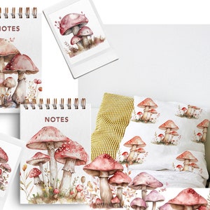 May include: A set of three watercolor illustrations of mushrooms on a white background. The mushrooms are red and white with brown stems. The illustrations are perfect for adding a touch of nature to your home decor.
