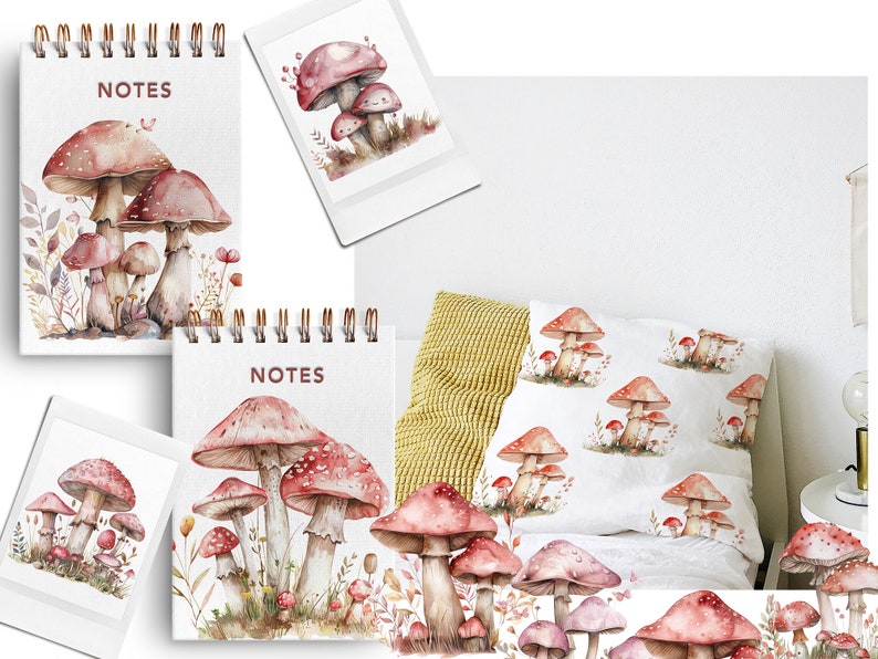 May include: A set of three watercolor illustrations of mushrooms on a white background. The mushrooms are red and white with brown stems. The illustrations are perfect for adding a touch of nature to your home decor.