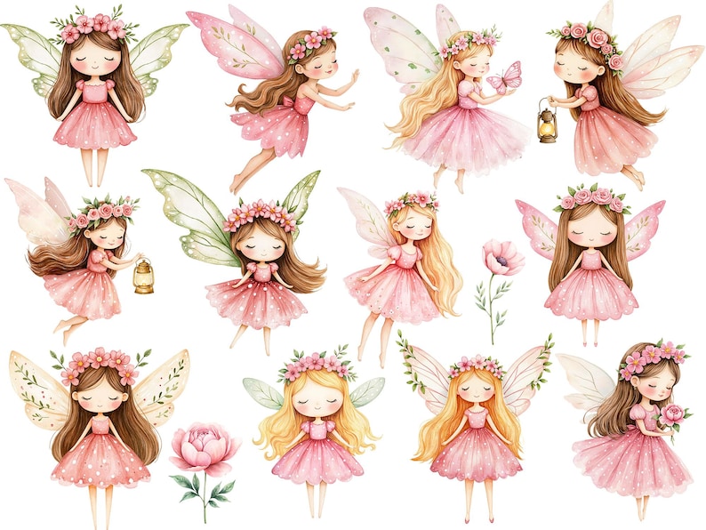 Watercolor Magical Garden Pink Fairies Clipart Bundle - Cute Nature ...