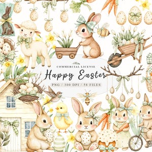 May include: Watercolor illustration with Easter theme. Features bunnies, eggs, a lamb, a chick, and a house. The image includes the text "Happy Easter" and is decorated with bows, flowers, and carrots. The color palette is soft and pastel.