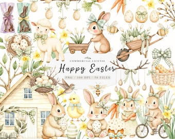 Watercolor rustic easter bunny cute chick clipart, Happy easter designs png invitation, Spring floral bunny bow illustration designs