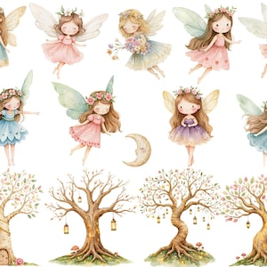 Watercolor magical Garden Fairies Clipart, Cute nature fairies Forest Birthday Bundle for Fantasy Illustrations, Fairytale House magic pink