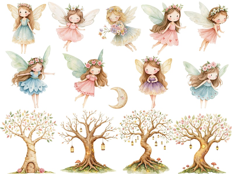 Watercolor magical Garden Fairies Clipart, Cute nature fairies Forest Birthday Bundle for Fantasy Illustrations, Fairytale House magic pink