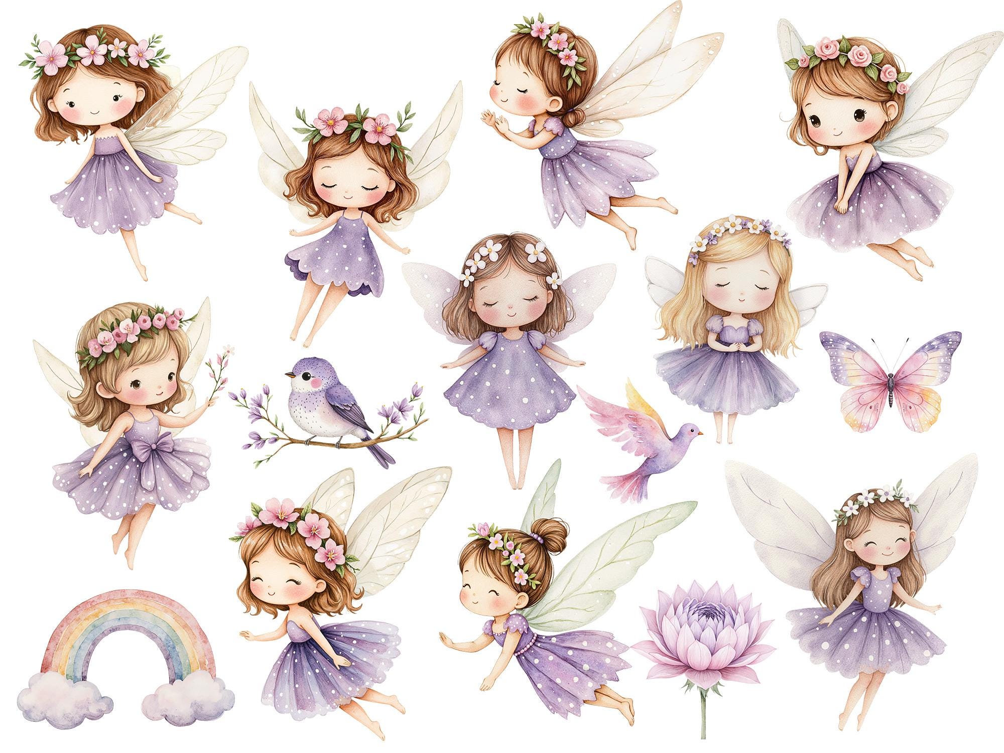Watercolor Magical Garden Purple Fairies Clipart Bundle, Cute Forest ...