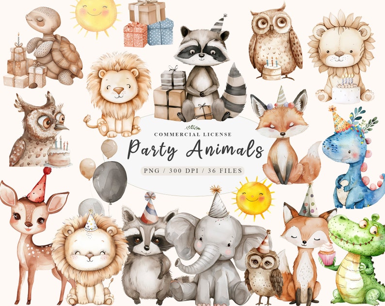 May include: A set of 36 watercolor illustrations of party animals. The animals include a fox, raccoon, owl, lion, turtle, elephant, deer, dinosaur, and alligator. Each animal is wearing a party hat and holding a party favor. The illustrations are perfect for creating invitations, cards, and other party decorations.