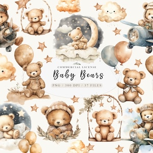 Pack de cliparts Invitation chambre d'enfant bohème aquarelle adorable ours en peluche, lot de cliparts ours en peluche doux rêves, PNG mignons pour décoration de chambre d'enfant bohème