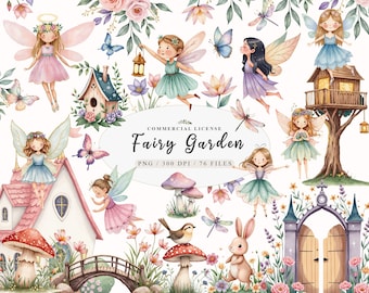 May include: A digital illustration set of 76 watercolor fairy garden elements. The set includes fairies, mushrooms, flowers, a birdhouse, a bridge, a gate, a treehouse, and more. The illustrations are in a whimsical style and are perfect for creating digital or printed projects.