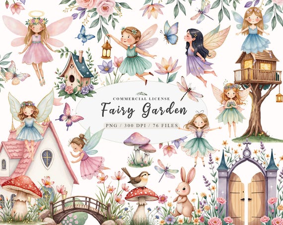 Watercolor magical garden pink fairies clipart Bundle, Cute fantasy forest fairy first birthday clipart, Fairytale fantasy fairy house png