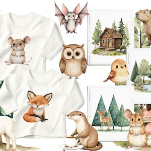 May include: A set of three white t-shirts with different woodland animal designs. The designs include a fox, a mouse, and an owl. There are also several watercolor illustrations of woodland animals, a cabin, and a forest scene.