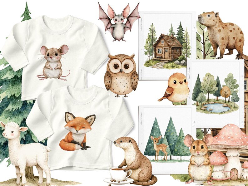May include: A set of three white t-shirts with different woodland animal designs. The designs include a fox, a mouse, and an owl. There are also several watercolor illustrations of woodland animals, a cabin, and a forest scene.