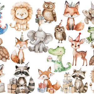 May include: A set of watercolor illustrations featuring various animals wearing party hats. The animals include a fox, a deer, a turtle, an owl, a lion, an elephant, a raccoon, a dinosaur, a frog, a crocodile, and a few more. The illustrations are perfect for a birthday party or other celebration.