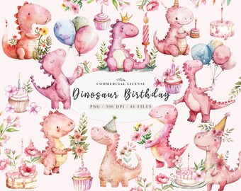 Adorable Pink Baby Girl Dinosaur Clipart for Birthday Balloons Bundle, Watercolor Cute baby dinosaur png, Birthday dinosaur balloons clipart