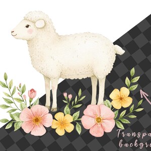 Puede incluir: Una ilustraci&oacute;n de acuarela de una oveja blanca de pie en un campo de flores rosas y amarillas. El fondo es un patr&oacute;n de cuadros transparente.