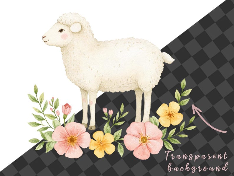 Puede incluir: Una ilustraci&oacute;n de acuarela de una oveja blanca de pie en un campo de flores rosas y amarillas. El fondo es un patr&oacute;n de cuadros transparente.