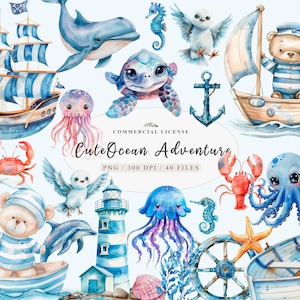 Nautische und marine Clipart für Reise Baby und Meerjungfrau Designs Bundle, Ozean Leben Clipart Bundle, Clip Art Reise Seemann, Unterwasser Clipart