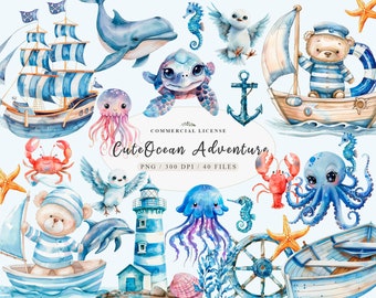 Nautical and Marine Clipart for Travel Baby and Mermaid Designs Bundle, Ocean life clipart Bundle, Clip art travel sailor,Underwater clipart