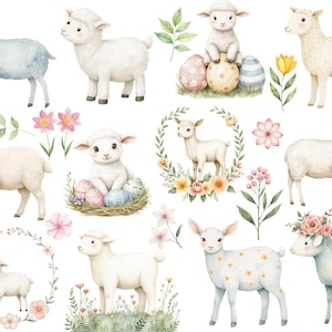 Puede incluir: Ilustraci&oacute;n acuarela de diez corderos lindos con huevos de Pascua de colores pastel. Los corderos son blancos con acentos rosados, azules y amarillos. El fondo es blanco con flores y vegetaci&oacute;n.
