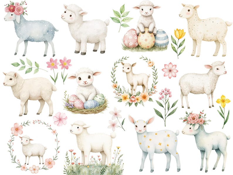 Puede incluir: Ilustraci&oacute;n acuarela de diez corderos lindos con huevos de Pascua de colores pastel. Los corderos son blancos con acentos rosados, azules y amarillos. El fondo es blanco con flores y vegetaci&oacute;n.