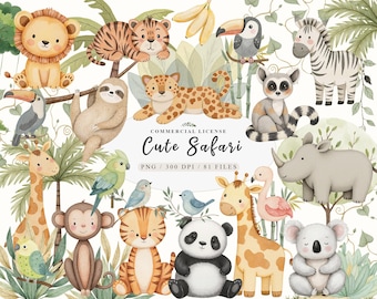 Watercolor cute boho baby safari animals clipart, Party baby animal jungle png, Wild jungle animals png, Elephant giraffe tiger clipart