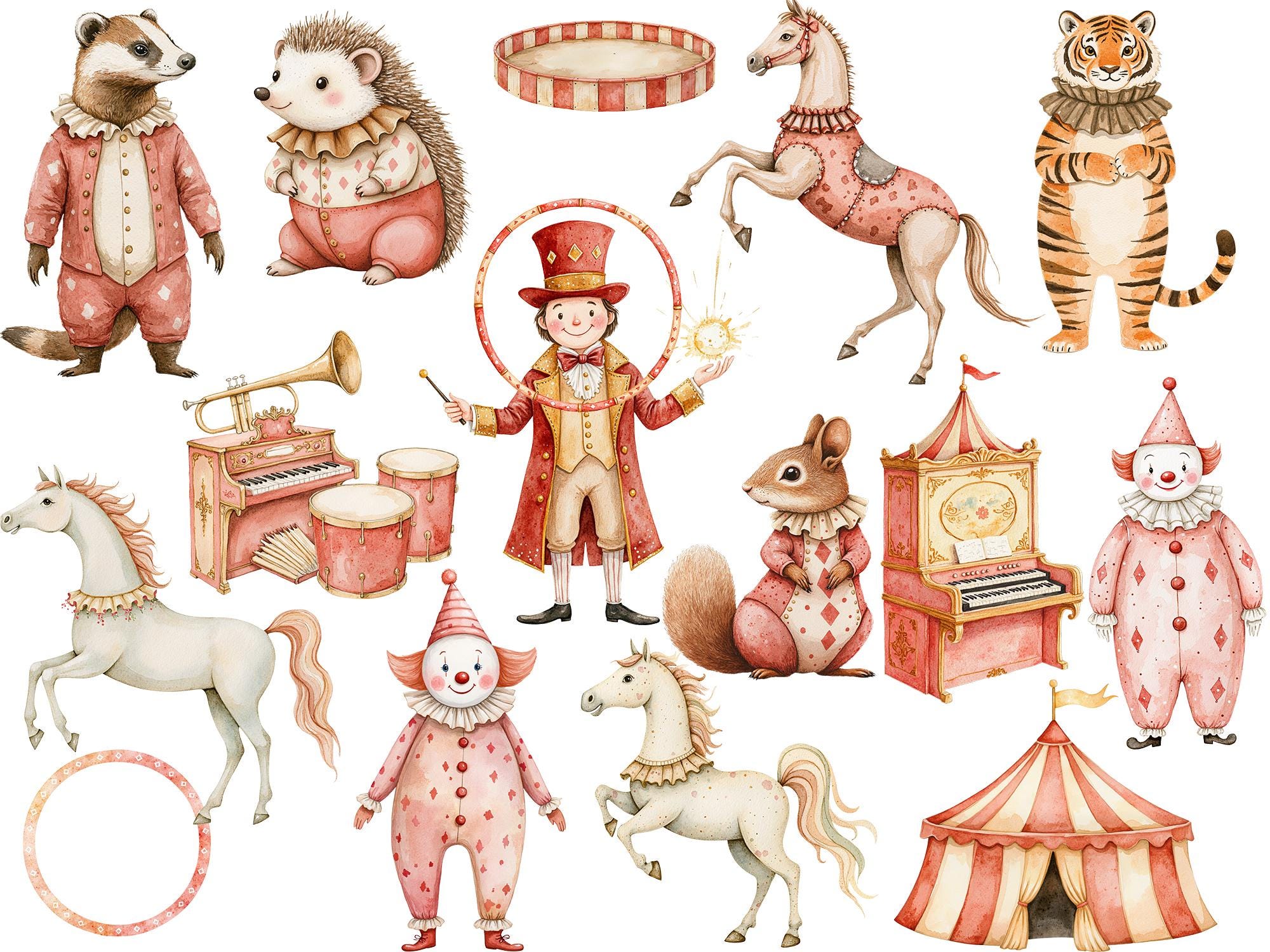 Watercolor Vintage Circus Party Animal Clipart, Cute Circus Magician ...
