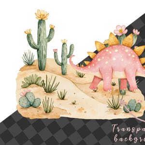 Transparent background preview of a pink watercolor stegosaurus in a desert cactus scene with flowers, sand and dark checkerboard transparency sample.
