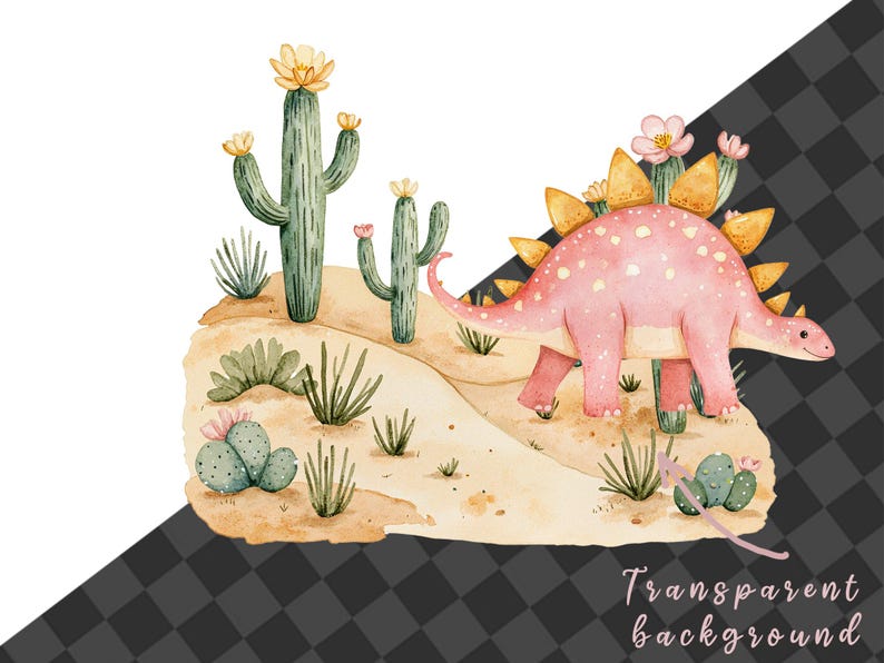 Transparent background preview of a pink watercolor stegosaurus in a desert cactus scene with flowers, sand and dark checkerboard transparency sample.