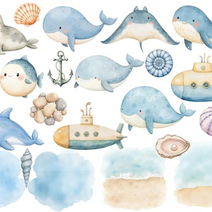 May include: Watercolor illustrations of various sea creatures, including whales, a seal, a stingray, a pufferfish, a starfish, a seashell, and a submarine. The illustrations are in shades of blue, yellow, and pink.
