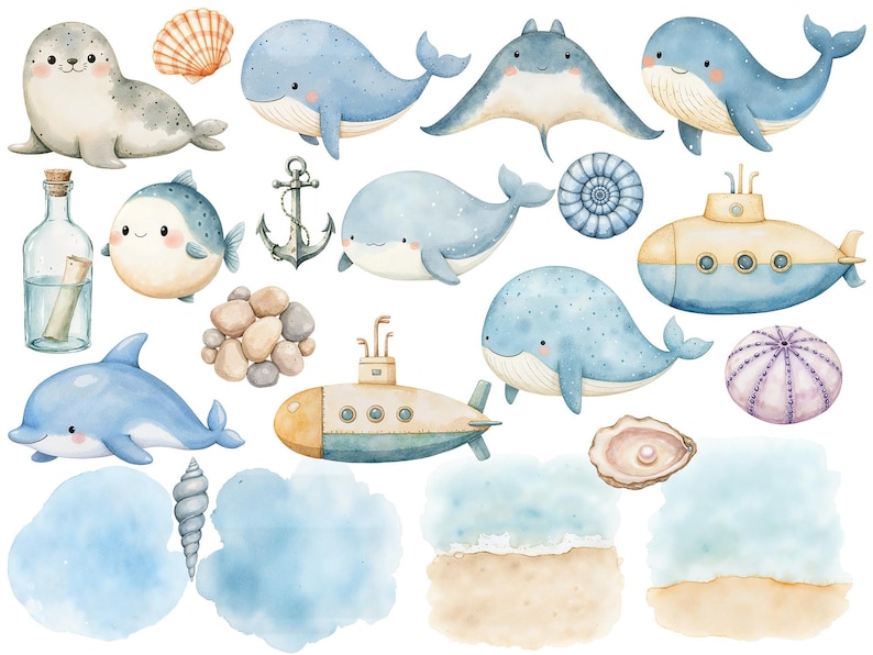 May include: Watercolor illustrations of various sea creatures, including whales, a seal, a stingray, a pufferfish, a starfish, a seashell, and a submarine. The illustrations are in shades of blue, yellow, and pink.