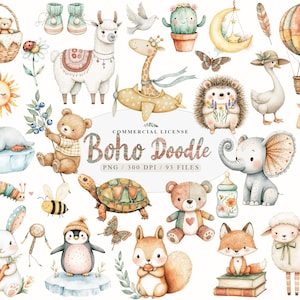 Neutro boho chá de bebê doodle clipart, Doodle boho animais png, Recém-nascido berçário boho bebê clipart, Boho doodle floresta animal clipart