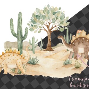 May include: Watercolor illustration of a desert scene with two dinosaurs, cacti, and a tree. The dinosaurs are brown and yellow with green and brown spiky backs. The cacti are green and the tree is green with a brown trunk. The background is a light brown color.