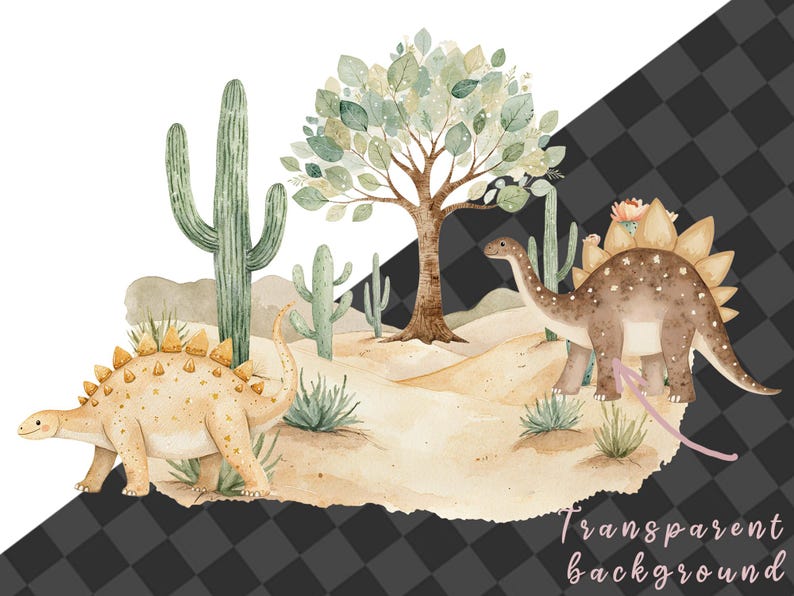 May include: Watercolor illustration of a desert scene with two dinosaurs, cacti, and a tree. The dinosaurs are brown and yellow with green and brown spiky backs. The cacti are green and the tree is green with a brown trunk. The background is a light brown color.