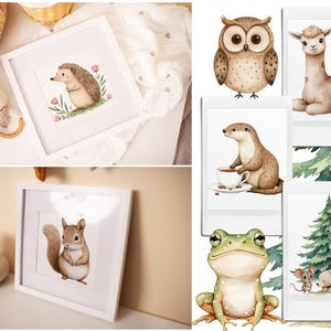 May include: Set of eight framed animal illustrations. The illustrations feature a hedgehog, squirrel, owl, otter, frog, llama, mouse, and a bear. The frames are white and the illustrations are in a watercolor style.
