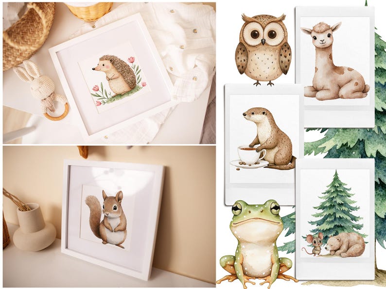 May include: Set of eight framed animal illustrations. The illustrations feature a hedgehog, squirrel, owl, otter, frog, llama, mouse, and a bear. The frames are white and the illustrations are in a watercolor style.