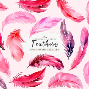 May include: Twelve watercolour illustrations of pink and red feathers. The feathers are isolated on a white background. The text "COMMERCIAL LICENSE Feathers PNG / 300 DPI / 12 FILES" is in a circle at the centre of the image.