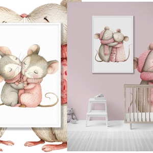 May include: Two watercolor mice in pink and gray sweaters are hugging each other. The mice are in a white frame with a white background.