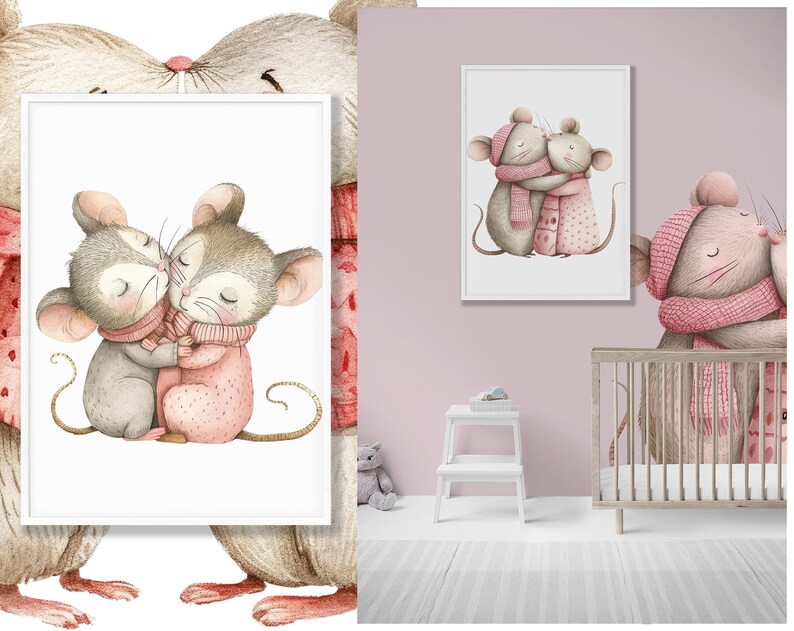 May include: Two watercolor mice in pink and gray sweaters are hugging each other. The mice are in a white frame with a white background.