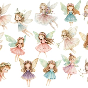 Watercolor magical Garden Fairies Clipart, Cute nature fairies Forest Birthday Bundle for Fantasy Illustrations, Fairytale House magic pink