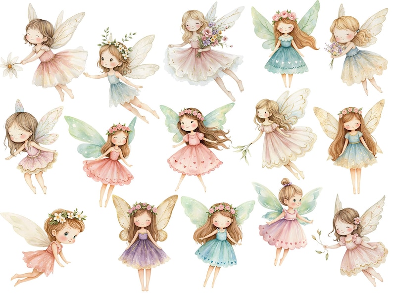 Watercolor magical Garden Fairies Clipart, Cute nature fairies Forest Birthday Bundle for Fantasy Illustrations, Fairytale House magic pink