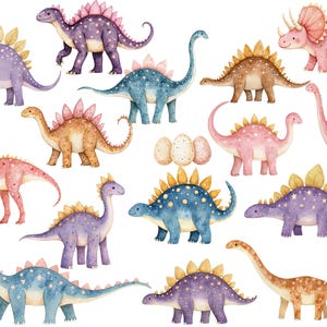 Cute dinosaur PNG collection with pastel stegosaurus, brontosaurus, triceratops, pterodactyl, dinosaur eggs and smiling baby dino illustrations for nursery or birthday designs.