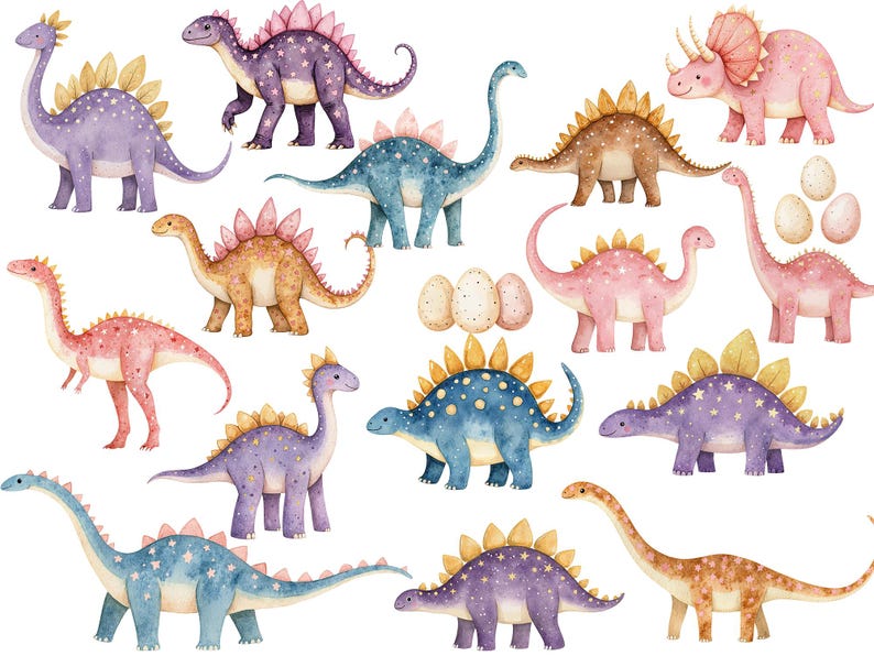 Cute dinosaur PNG collection with pastel stegosaurus, brontosaurus, triceratops, pterodactyl, dinosaur eggs and smiling baby dino illustrations for nursery or birthday designs.