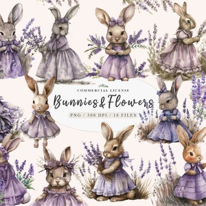 Imágenes prediseñadas de conejito bebé, lavanda provenzal, imágenes prediseñadas de niña lavanda, png de Pascua retro, guardería de conejitos, png de jardinería, uso comercial gratuito