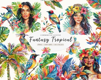 Tropical Clipart Watercolor, Tropicana, Palm Leaf Clipart, Tropical Flowers, Tropical Leaves Clipart, Tropical Woman Png, Exotic Clipart