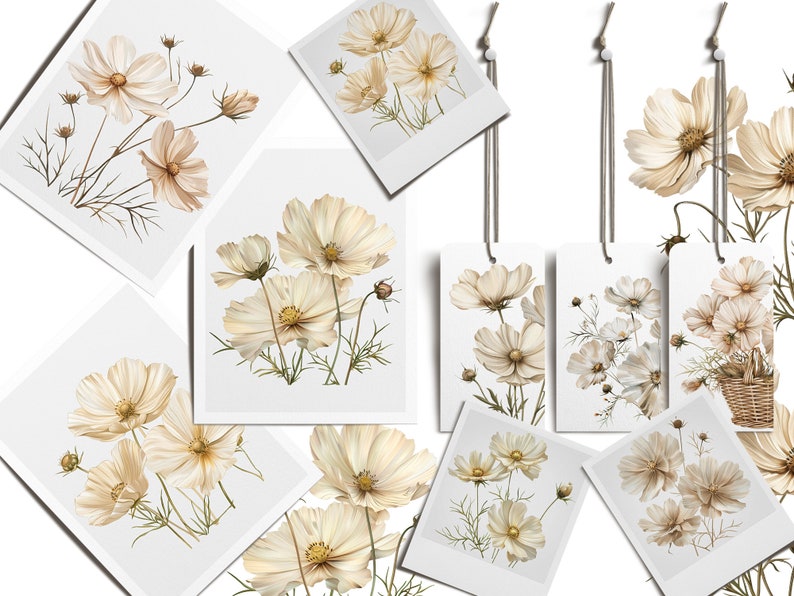 May include: A set of printable art featuring delicate white cosmos flowers with brown stems and leaves. The art is displayed in a variety of formats, including framed prints, postcards, and gift tags.