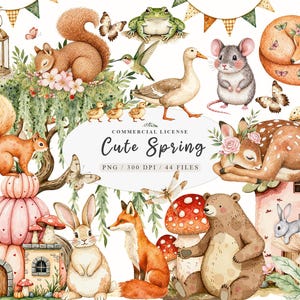 Puede incluir: Ilustración en acuarela con el texto "Cute Spring". La imagen presenta varios animales del bosque, incluyendo ardillas, un zorro, un oso, un conejo, un ciervo y un ratón, junto con mariposas, flores y setas. La paleta de colores es suave y pastel.