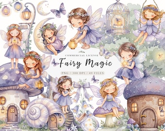 Watercolor Fairy Clipart Bundle, Lavender Purple Fairy PNG, Fairy House, Moon Fairy Garden, Mushroom House, Birthday Invitation