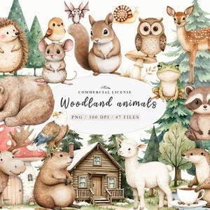 May include: A set of 47 watercolor illustrations of woodland animals, including a squirrel, owl, deer, frog, raccoon, otter, hedgehog, mouse, bear, moose, and a bird. The illustrations are in a cartoon style and are perfect for use in digital scrapbooking, card making, and other craft projects.