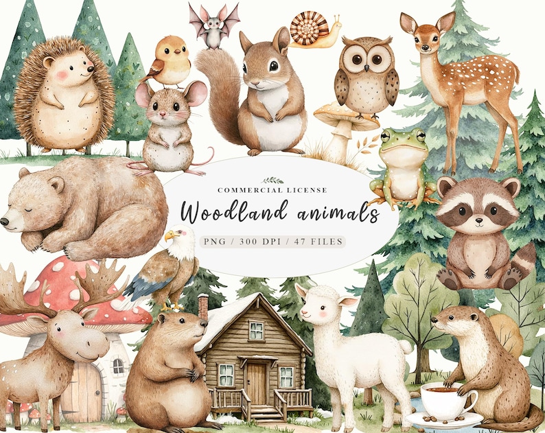 May include: A set of 47 watercolor illustrations of woodland animals, including a squirrel, owl, deer, frog, raccoon, otter, hedgehog, mouse, bear, moose, and a bird. The illustrations are in a cartoon style and are perfect for use in digital scrapbooking, card making, and other craft projects.