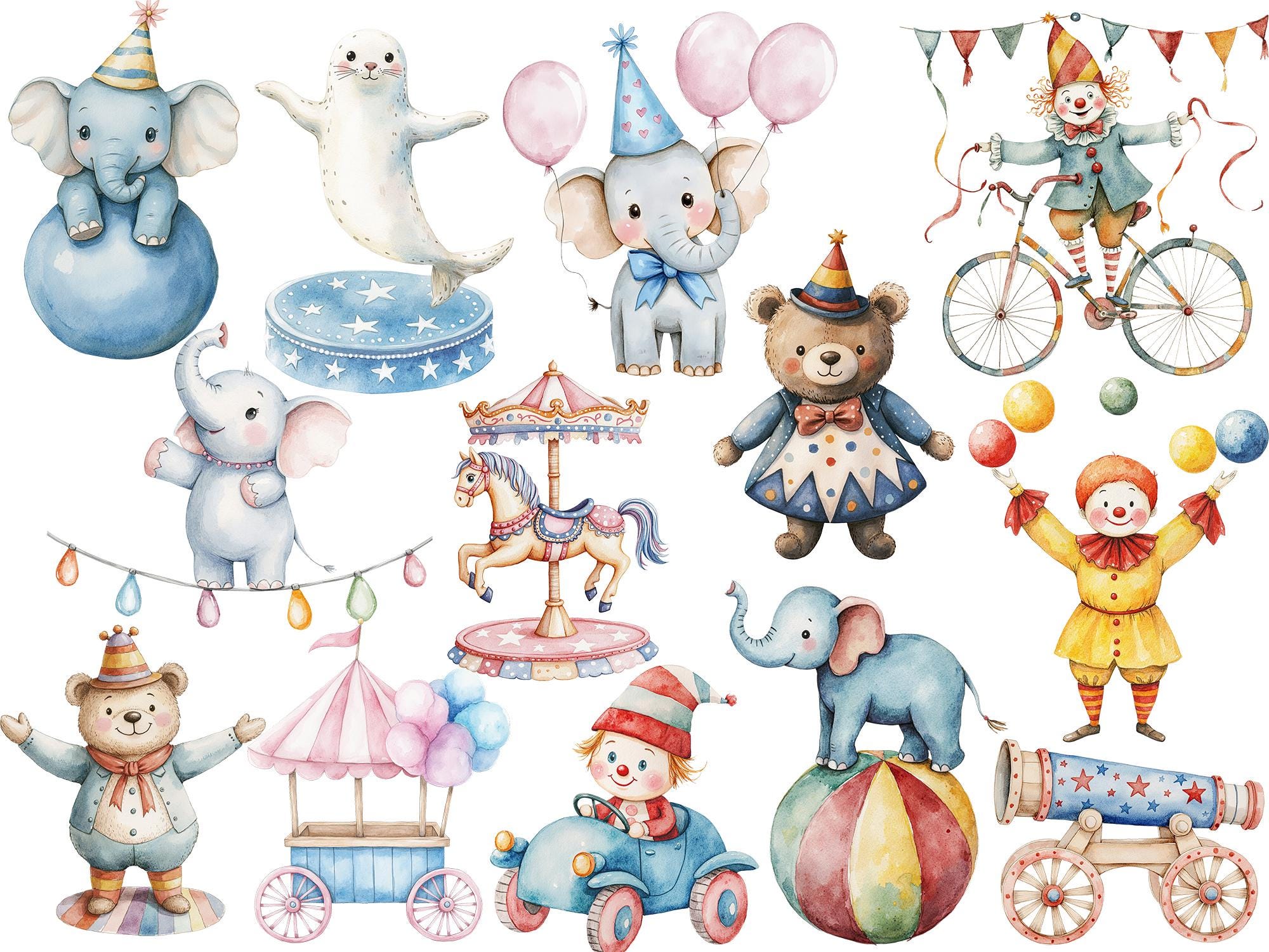Watercolor Cute Baby Circus Animals Clipart, Nursery Circus Party ...